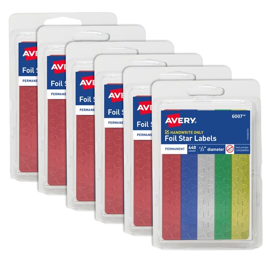 Avery Foil Star Labels, 1/2" Star Stickers, Assorted Colors, Non-Printable, 715 Stickers Per Pack, 6-Pack, 4,290 Star Stickers Total (46751)
